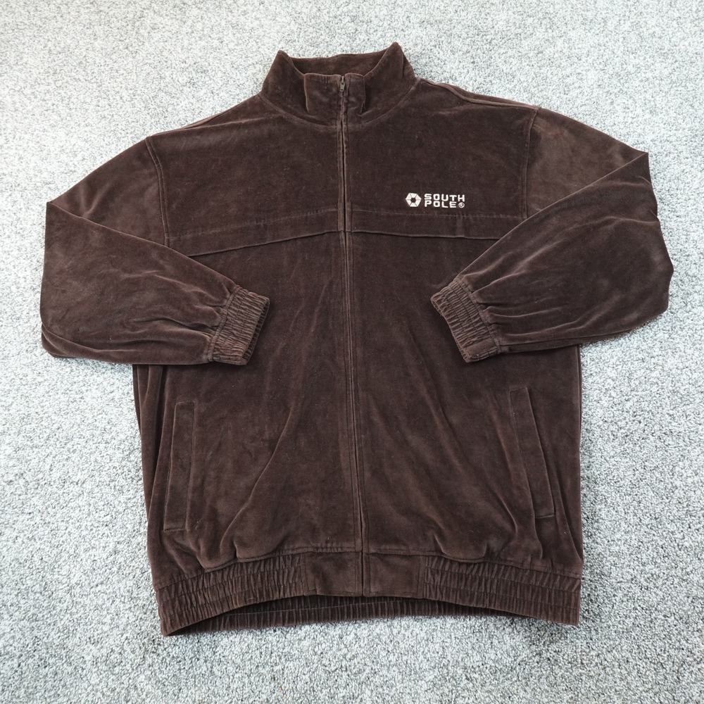 VTG Southpole Jacket Mens 2XL Brown Velvet Velour Full Zip Track Coat Y2K 00s